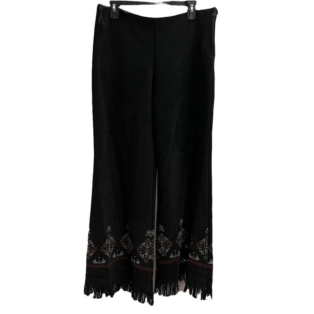 Pelicana Womens Wide Leg Fringe Pants Size L Black Western festival embroidered